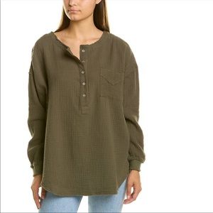 Avec Les Filles Oversized Gauze Henley Long Sleeve Top in Olive Green